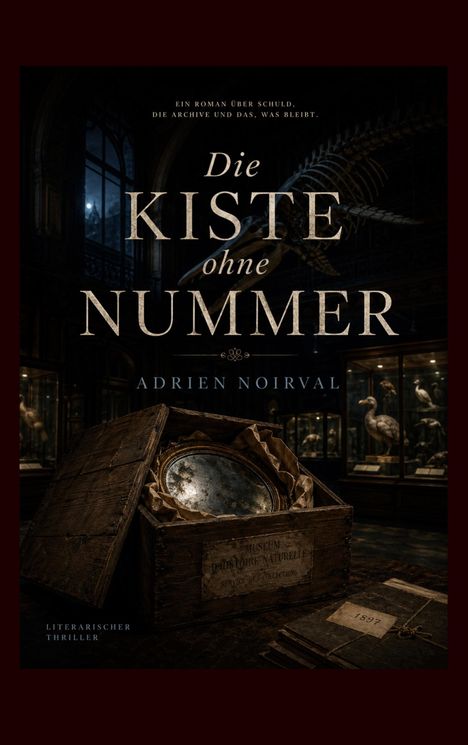 "Die Kiste ohne Nummer" von Adrien Noirval. Eine offene Holzkiste mit antikem Teller, Museumsumgebung im Hintergrund.