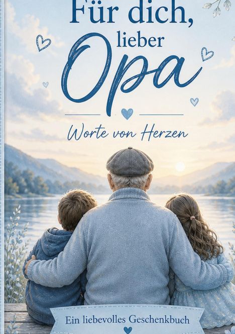 "Für dich, lieber Opa. Worte von Herzen. Ein liebevolles Geschenkbuch." Illustration: Opa mit Kindern am See.