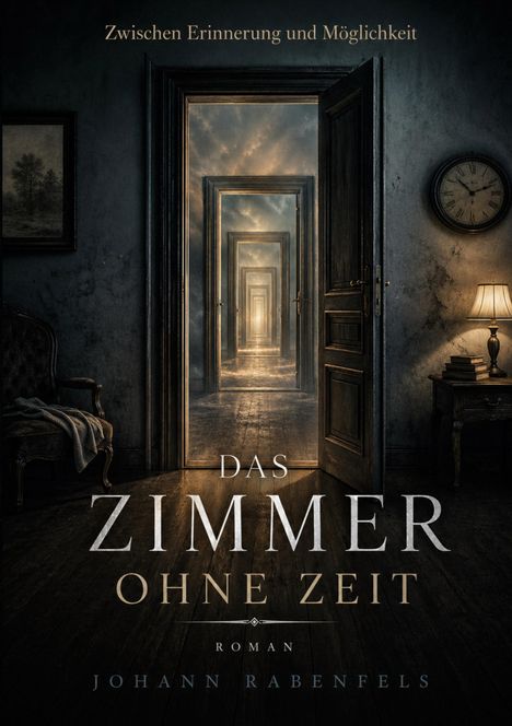 Buchtitel: "Das Zimmer ohne Zeit". Türen öffnen sich in unendlicher Folge in einem düsteren Raum mit Uhr und Lampe.