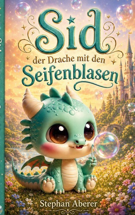 "Sid der Drache mit den Seifenblasen" von Stephan Aberer. Illustration eines niedlichen, grünen Drachen mit Blasen.