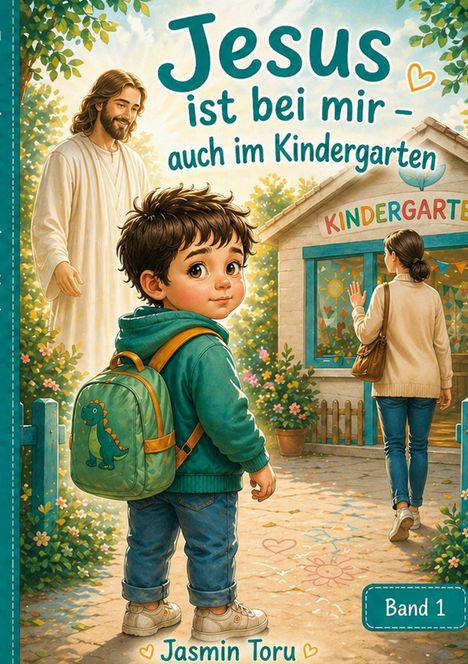 (Text:) "Jesus ist bei mir – auch im Kindergarten", "Kindergarten", "Jasmin Toru", "Band 1". 

Ein Kind mit Rucksack, Jesus und eine Frau vor einem Kindergarten.