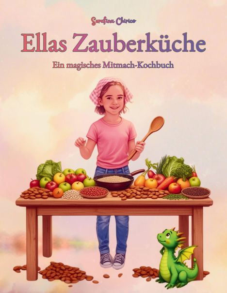 "Ellas Zauberküche: Ein magisches Mitmach-Kochbuch." Ein Mädchen mit Holzlöffel, viel Obst und Gemüse, kleiner grüner Drache.