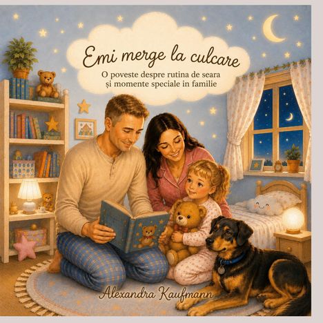 "Emi merge la culcare. O poveste despre rutina de seara și momente speciale in familie." Familie auf Teppich, Hund daneben.