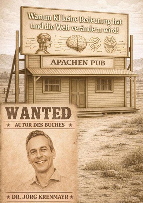 Plakat mit dem Text "Warum KI keine Bedeutung hat und die Welt verändern wird!" Ein Westerngebäude mit "APACHEN PUB". Unten ein "WANTED"-Poster mit einem lächelnden Mann, Dr. Jörg Krenmayr.
