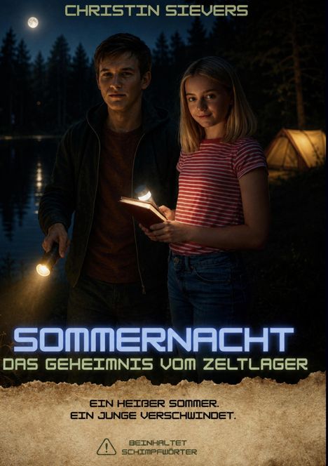 Text: "CHRISTIN SIEVERS", "SOMMERNACHT: DAS GEHEIMNIS VOM ZELTLAGER", "EIN HEIßER SOMMER. EIN JUNGE VERSCHWINDET.", "BEINHALTET SCHIMPFWÖRTER". Zwei Jugendliche im Wald, einer mit Taschenlampe, Zelte im Hintergrund. Mond beleuchtet die Szene.
