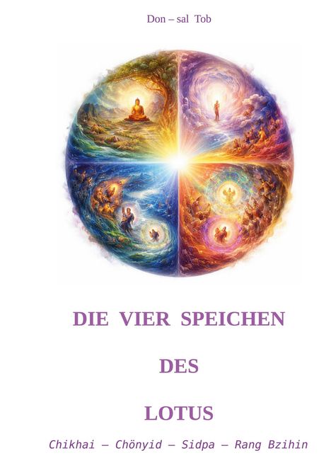 "Die vier Speichen des Lotus" oben. Darunter eine bunte Illustration mit spirituellen Motiven.