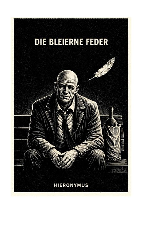 „Die bleierne Feder“. Ein Mann in Anzug sitzt, eine Flasche neben ihm; Illustration wirkt ernst und nachdenklich.