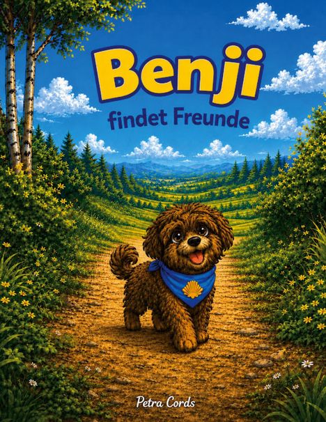 „Benji findet Freunde“ oben, „Petra Cords“ unten. Illustration: Fröhlicher Hund auf Waldweg, blauer Himmel.