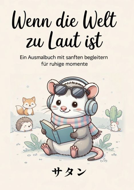 "Wenn die Welt zu laut ist. Ein Ausmalbuch mit sanften Begleitern für ruhige Momente." Illustration von einem Opossum mit Kopfhörern, Schal und Buch, umgeben von Tieren.