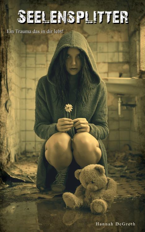"SEELENSPLITTER. Ein Trauma das in dir lebt!" Eine Person in Hoodie hält Blume, Teddy sitzt im düsteren Raum auf dem Boden.