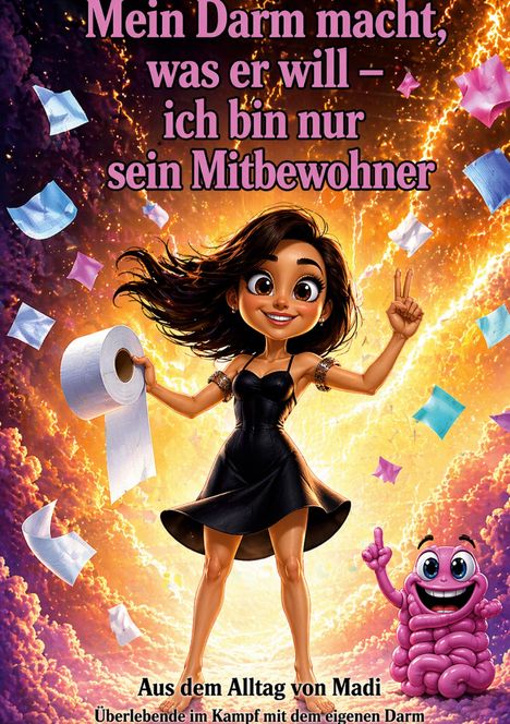 "Mein Darm macht, was er will – ich bin nur sein Mitbewohner. Aus dem Alltag von Madi." Illustration einer Frau mit Toilettenpapier.