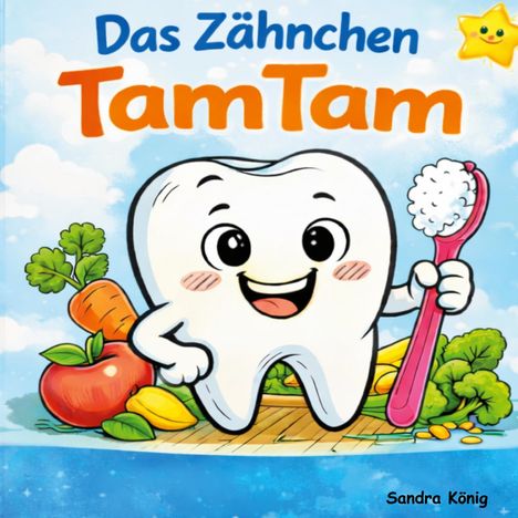"Das Zähnchen TamTam" in blauer und orangener Schrift. Ein fröhlicher Zahn mit einer Zahnbürste, umgeben von Gemüse.
