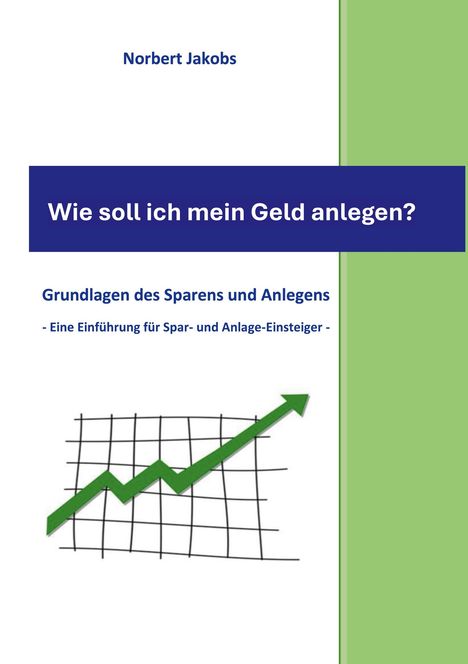 Text oben: Norbert Jakobs. In der Mitte: Wie soll ich mein Geld anlegen? Unten: Grundlagen des Sparens und Anlegens. Graphik mit steigendem Pfeil.