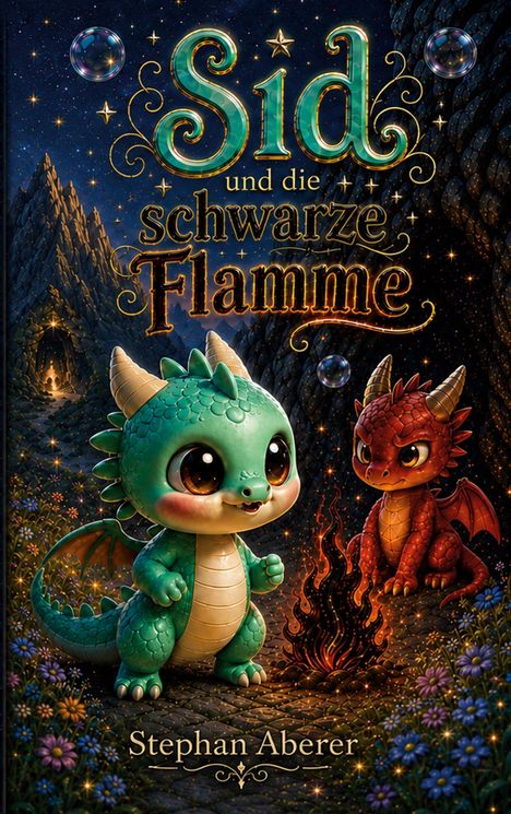 "Sid und die schwarze Flamme" und "Stephan Aberer". Zwei kleine, farbenfrohe Drachen neben einem Lagerfeuer, umgeben von Blumen.
