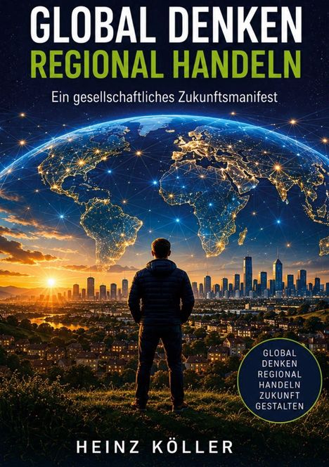 "GLOBAL DENKEN, REGIONAL HANDELN - Ein gesellschaftliches Zukunftsmanifest. Heinz Köller." Mann blickt auf Stadt und Erde.
