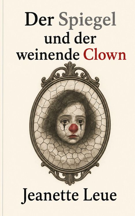 "Der Spiegel und der weinende Clown. Jeanette Leue." Illustration: Ein trauriger Clown mit roter Nase in einem ovalen Rahmen.