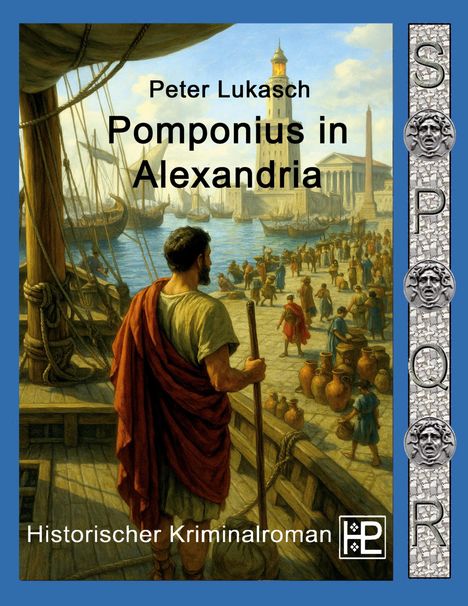 "Peter Lukasch: Pomponius in Alexandria - Historischer Kriminalroman" und eine antike Hafenszene mit einem Leuchtturm.