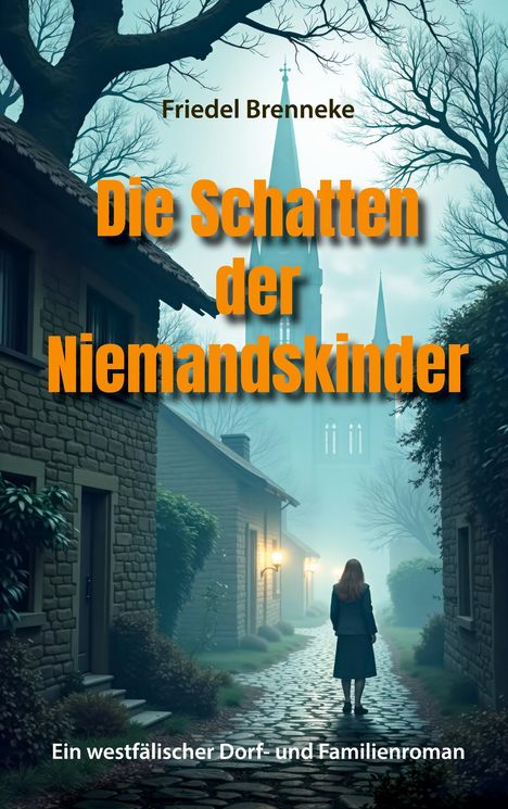 Die Texte: "Friedel Brenneke", "Die Schatten der Niemandskinder", "Ein westfälischer Dorf- und Familienroman". Eine Frau in einem nebligen Dorf.