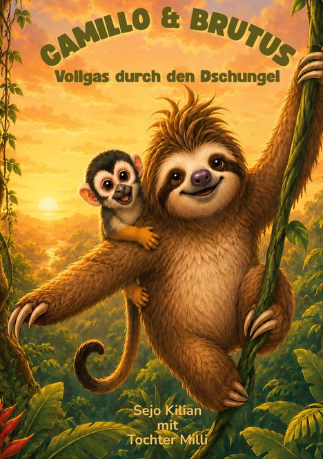 Titel: "CAMILLO & BRUTUS - Vollgas durch den Dschungel". Illustration eines Faultiers mit einem Affen im Dschungel bei Sonnenuntergang.