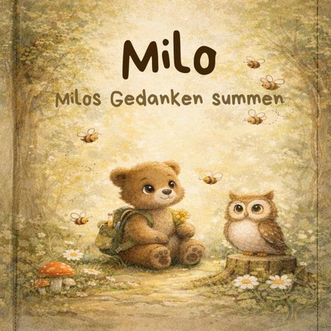 Text: "Milo. Milos Gedanken summen." Illustration: Ein kleiner Bär mit Rucksack, sitzt neben einer Eule und Bienen fliegen herum.