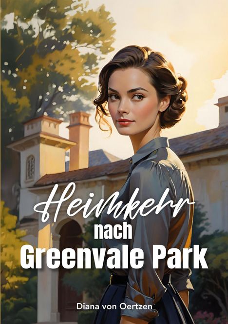 "Heimkehr nach Greenvale Park", Diana von Oertzen. Eine Frau vor einem Gebäude, umgeben von Bäumen, in sanften Farben.
