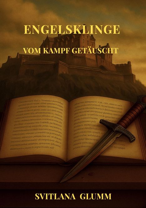 „ENGELSKLINGE – VOM KAMPF GETÄUSCHT“ von Svitlana Glumm. Eine Illustration mit einer Burg, einem Buch und einem Dolch.