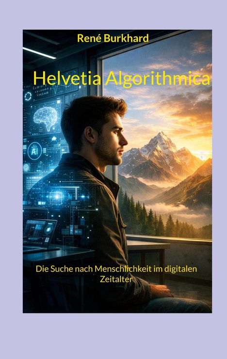 Buchcover "Helvetia Algorithmica" von René Burkhard. Ein Mann schaut aus einem Fenster auf Berge, links digitale Grafiken.