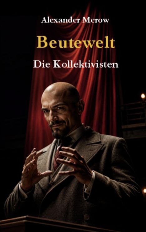 „Alexander Merow, Beutewelt, Die Kollektivisten“. Ein Mann in Anzug mit ernstem Gesichtsausdruck vor rotem Vorhang.