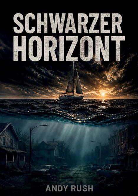 "Schwarzer Horizont" und "Andy Rush" sind in großer Schrift. Szene: Segelboot auf stürmischer See, unter Wasser verlassene Stadt.