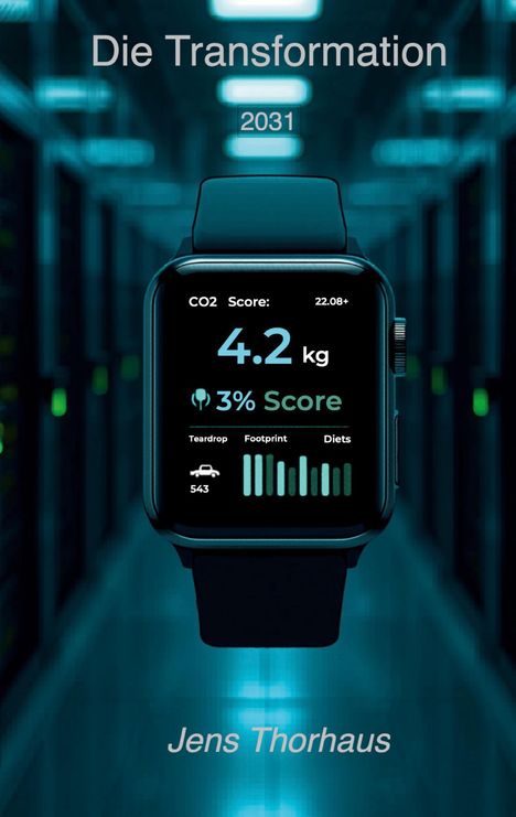 „Die Transformation“, „2031“, „CO2 Score“, „4.2 kg“, „3% Score“, „Jens Thorhaus“. Eine Smartwatch in einem futuristischen Raum.