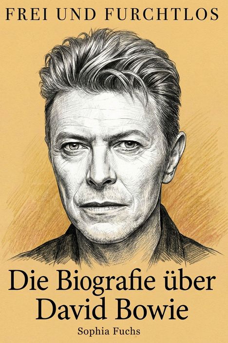 "Frei und Furchtlos. Die Biografie über David Bowie. Sophia Fuchs." Illustration eines Mannes mit ernstem Ausdruck.