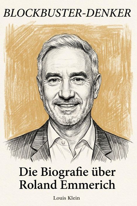 "BLOCKBUSTER-DENKER. Die Biografie über Roland Emmerich. Louis Klein." Skizzenhaftes Porträt eines lächelnden Mannes.