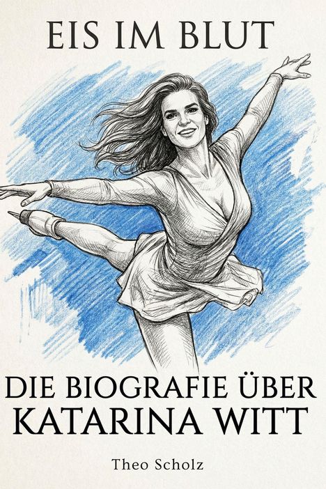 Text oben: "EIS IM BLUT". 
Unten: "DIE BIOGRAFIE ÜBER KATARINA WITT". 
Darunter "Theo Scholz". 
Illustration: Eisläuferin in Bewegung.