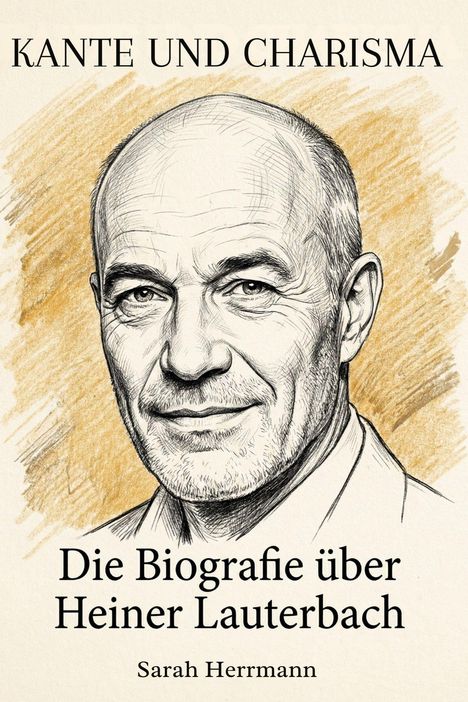 "KANTE UND CHARISMA. Die Biografie über Heiner Lauterbach. Sarah Herrmann." Schwarze Skizzenzeichnung eines Mannes.