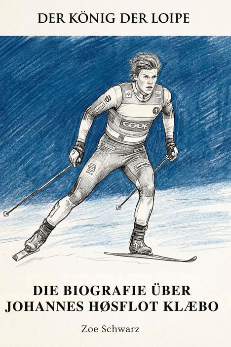 "Der König der Loipe", "Die Biografie über Johannes Høsflot Klæbo", Zoe Schwarz. Illustration eines Skilangläufers in Aktion.