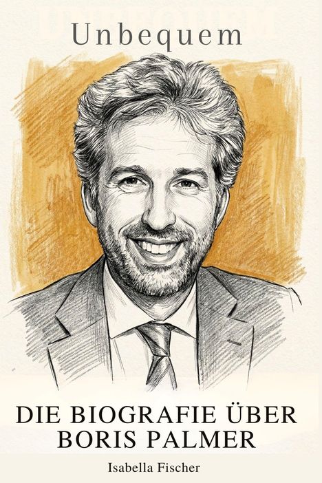 "Unbequem. Die Biografie über Boris Palmer" von Isabella Fischer. Skizzen-Porträt eines lächelnden Mannes im Anzug.