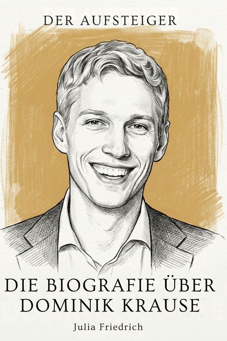 „Der Aufsteiger“, „Die Biografie über Dominik Krause“, Autorin Julia Friedrich. Eine Porträt-Illustration eines lächelnden Mannes.