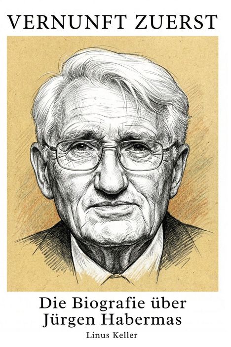 Text: "Vernunft zuerst. Die Biografie über Jürgen Habermas. Linus Keller." Illustration eines älteren Mannes mit Brille.