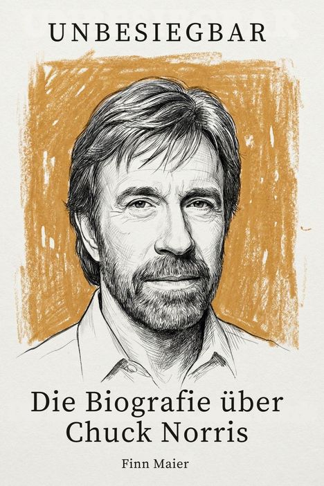 "UNBESIEGBAR", "Die Biografie über Chuck Norris", "Finn Maier". Illustration eines Mannes mit Bart vor braunem Hintergrund.