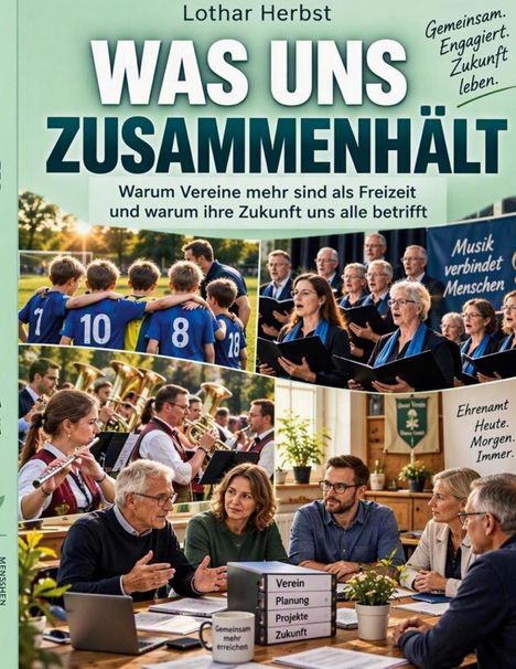 Titel: "Was uns zusammenhält". Darunter Teams, ein Chor, eine Blaskapelle und ein Meeting.