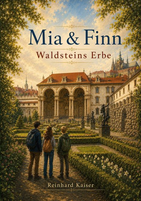 Text: "Mia & Finn: Waldsteins Erbe. Reinhard Kaiser." Drei Personen mit Rucksäcken vor einem historischen Gebäude in einem Garten.