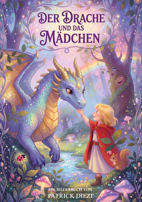 "Der Drache und das Mädchen", zauberhafte Illustration mit einem blauen Drachen und einem blondem Mädchen im Wald.