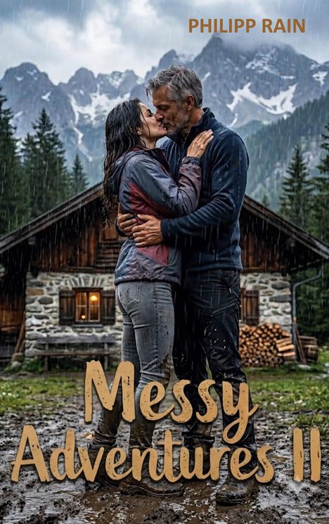Oben steht "PHILIPP RAIN", unten "Messy Adventures II". Ein Paar küsst sich im Regen vor einer Hütte in den Bergen.