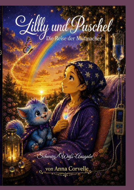 Titel: "Lilly und Puschel – Die Reise der Mutmacher". Mädchen mit Kopftuch und Plüschfigur vor Regenbogen und Infusionsständer.