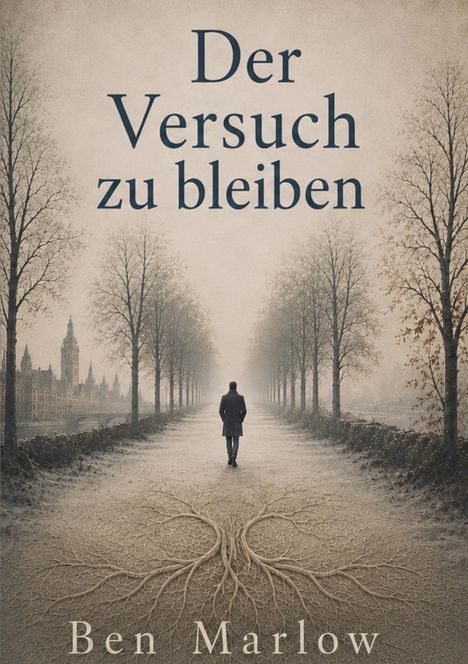 "Der Versuch zu bleiben" und "Ben Marlow" ist in großer Schrift zu lesen. Es zeigt eine Allee mit Bäumen und einer Person.