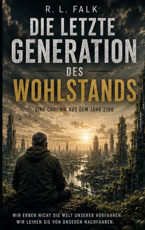R. L. Falk - Die letzte Generation des Wohlstands: Eine Chronik aus dem Jahr 2100. Person vor futuristischer Stadt im Sonnenuntergang.