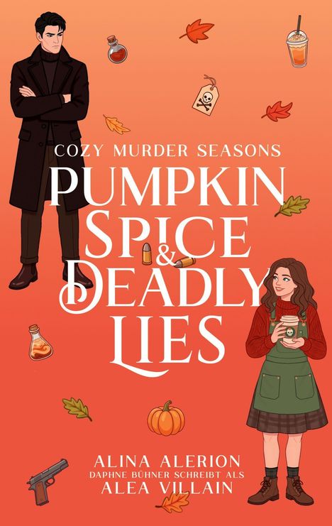 "Cozy Murder Seasons: Pumpkin Spice & Deadly Lies." Illustrationen von einem Mann und einer Frau mit Herbstlaub und Symbolen.