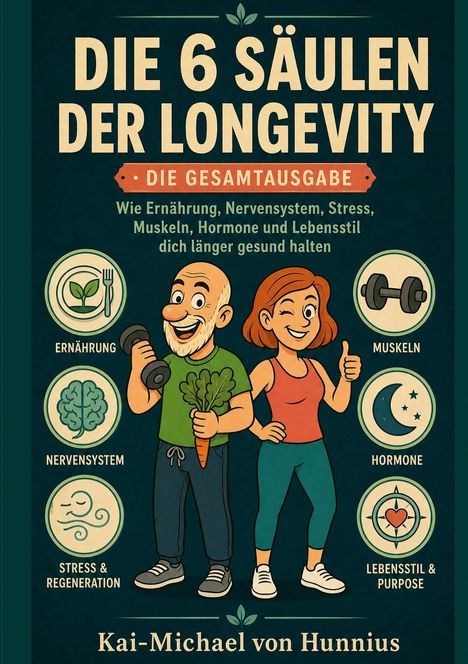 "Die 6 Säulen der Longevity: Ernährung, Muskeln, Nervensystem, Stress, Hormone, Lebensstil. Zwei fröhliche Personen mit Gemüse."