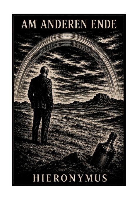 Texte: "AM ANDEREN ENDE", "HIERONYMUS". 

Illustration: Ein Mann steht in einer Landschaft mit einem Bogen, Flasche im Vordergrund.