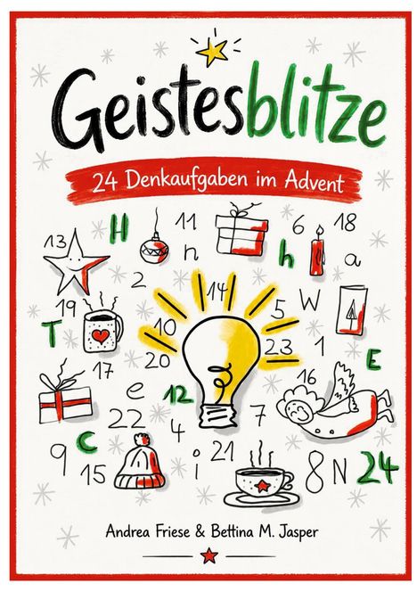 Text: "Geistesblitze", "24 Denkaufgaben im Advent". Illustration: Bunte Advents- und Weihnachtssymbole um eine Glühbirne.